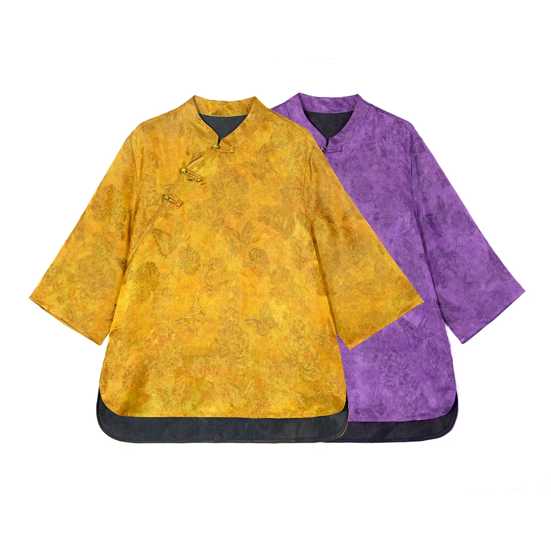 2025新款斜襟盘扣立领中袖提花上衣RB252501