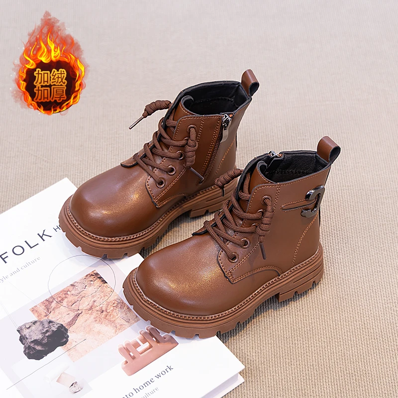 ABC女童马丁靴加绒二棉儿童靴女孩短靴2025秋冬真软皮女童靴棉靴