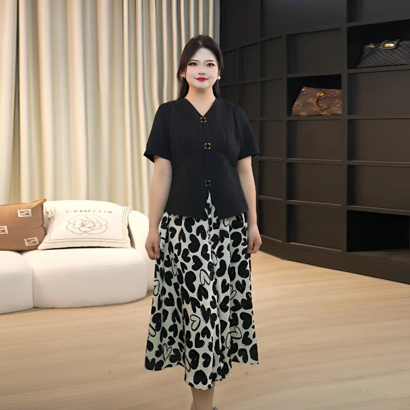 伊自尚【飘飘起舞】夏季胖mm减龄显瘦两件套上衣半身裙套装 13621