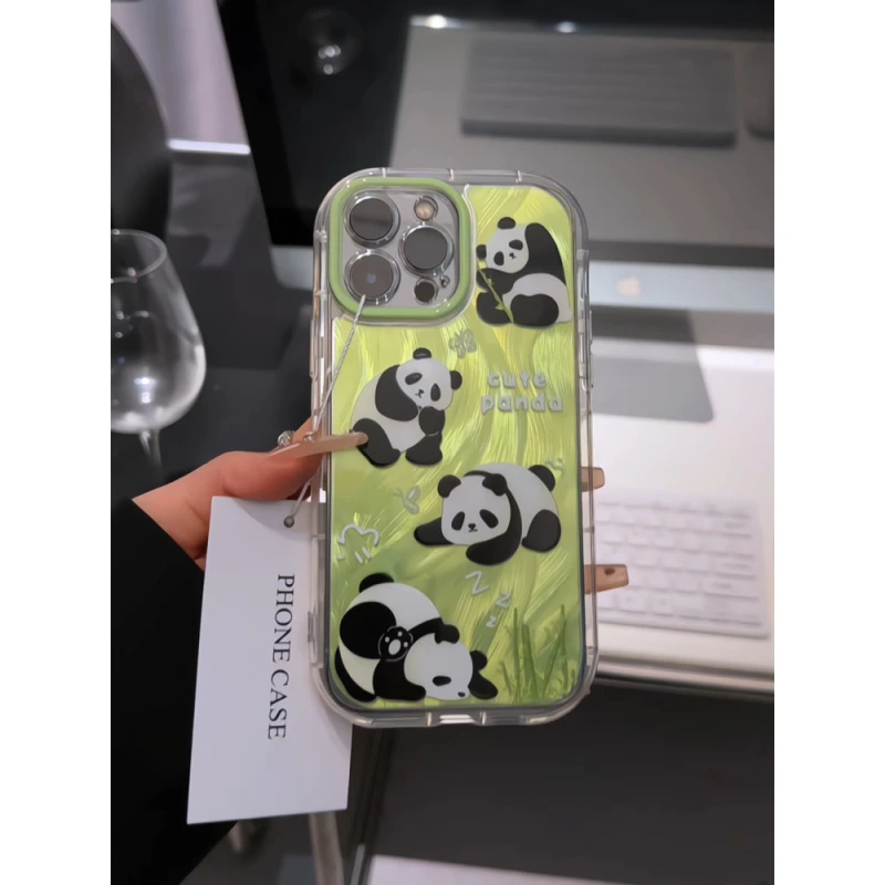 适用苹果16pro泡芙羽纱手机壳iphone15卡通可爱华为p60四只小熊猫