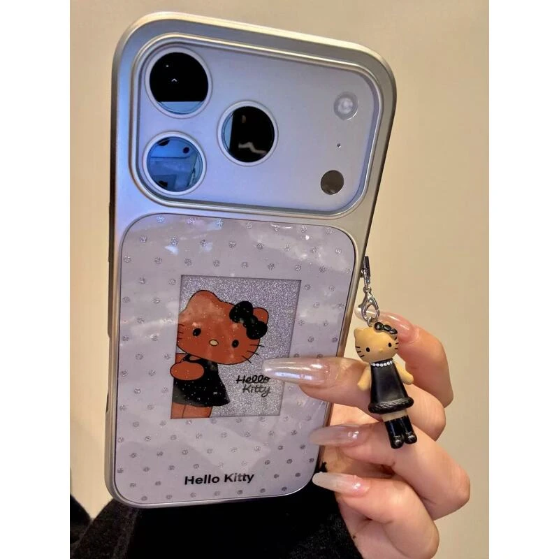 甜美闪粉镂空波点黑皮猫咪适用iPhone17promax苹果16手机壳新款15