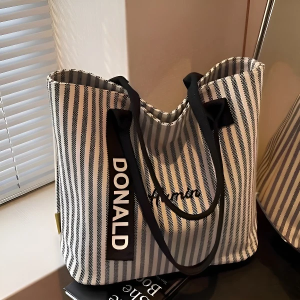 夏季条纹帆布包女2025新款大容量上课手提袋韩系单肩通勤托特包JY