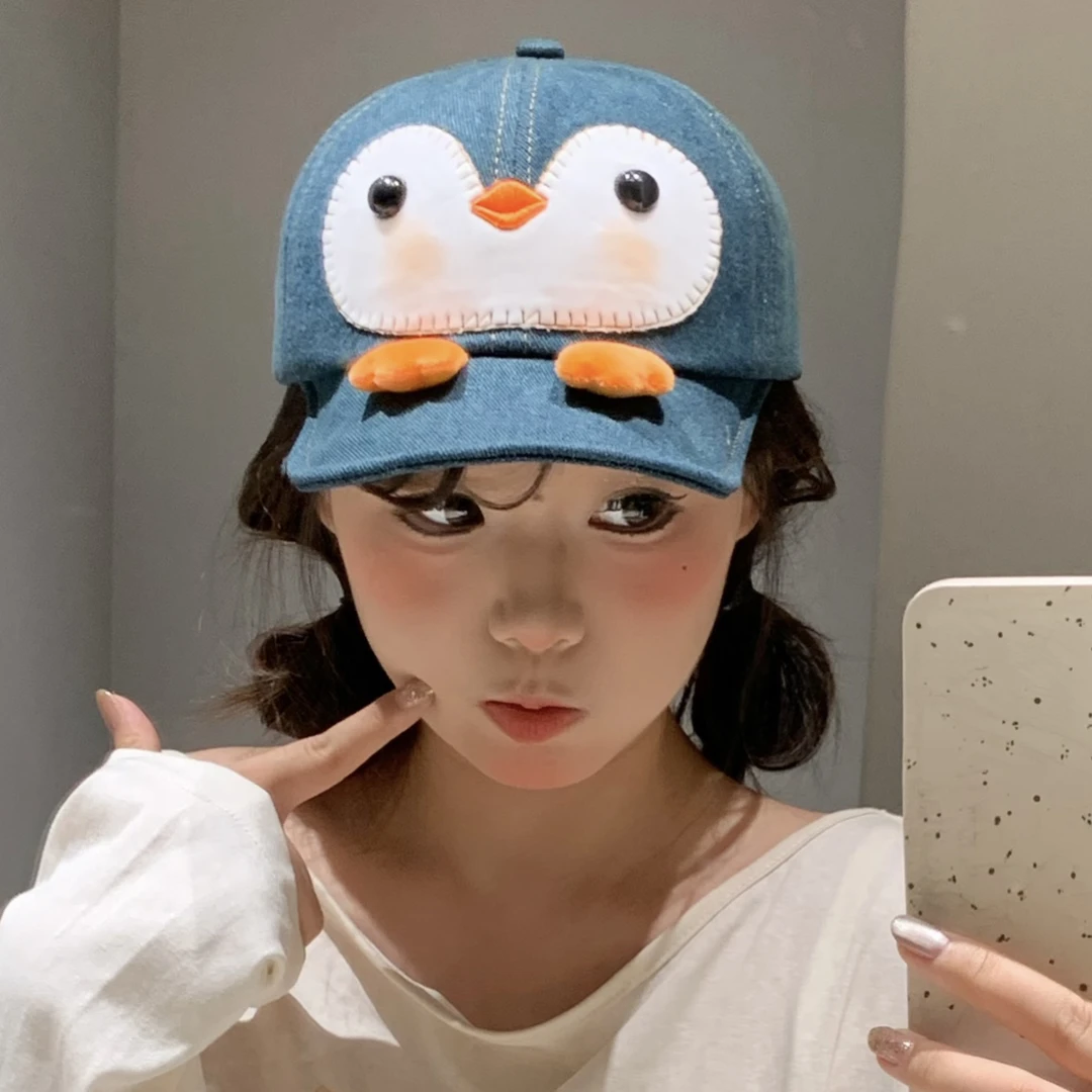 2025新款可爱企鹅短檐软顶牛仔鸭舌帽子女夏季休闲百搭棒球帽男潮