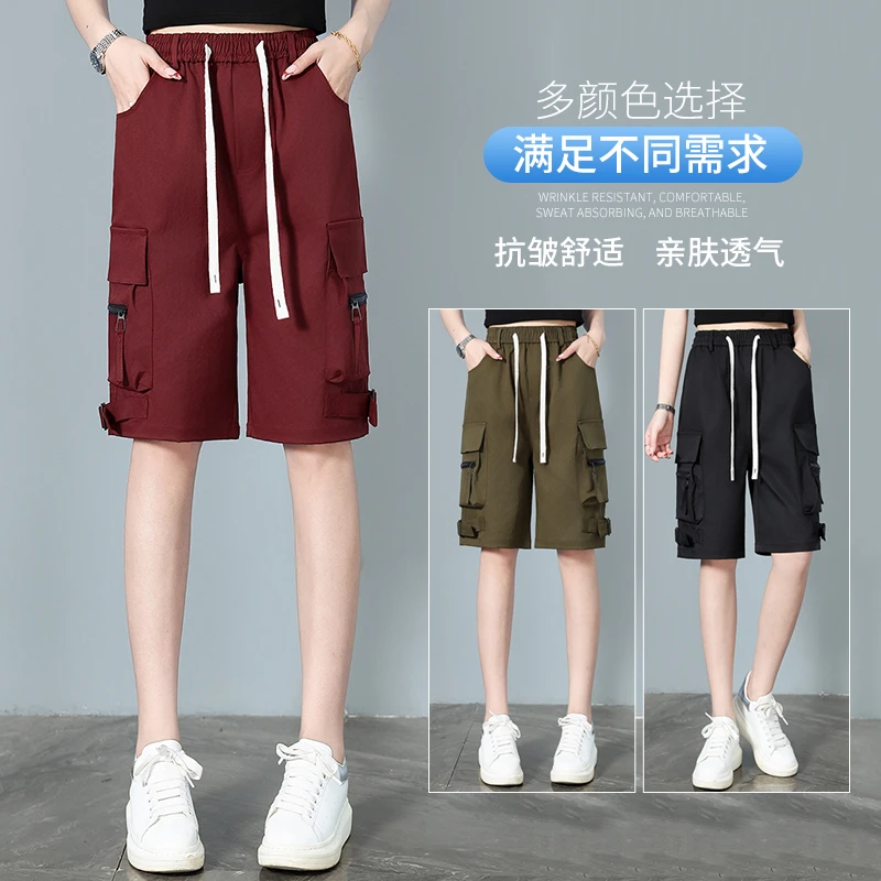 春季夏季凉感格子直筒裤速干短裤百搭裤子大码高腰显瘦休闲裤