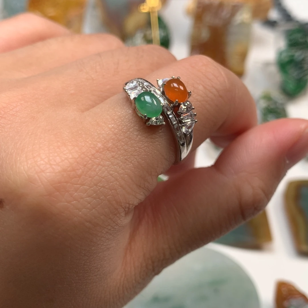 翡翠未镶嵌戒指天然翡翠果绿双色女戒