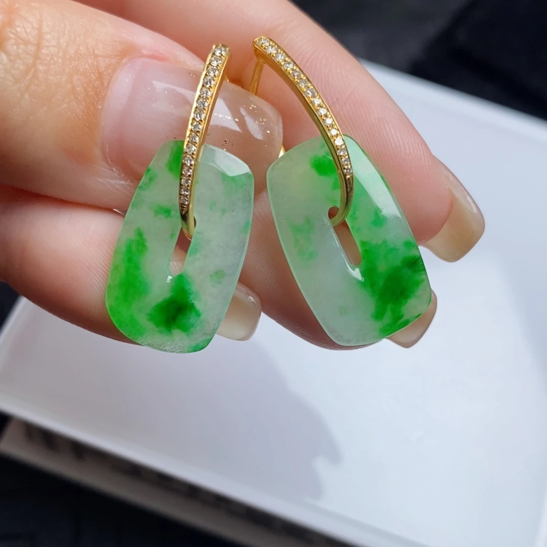 翡翠18K金镶嵌耳饰方糖