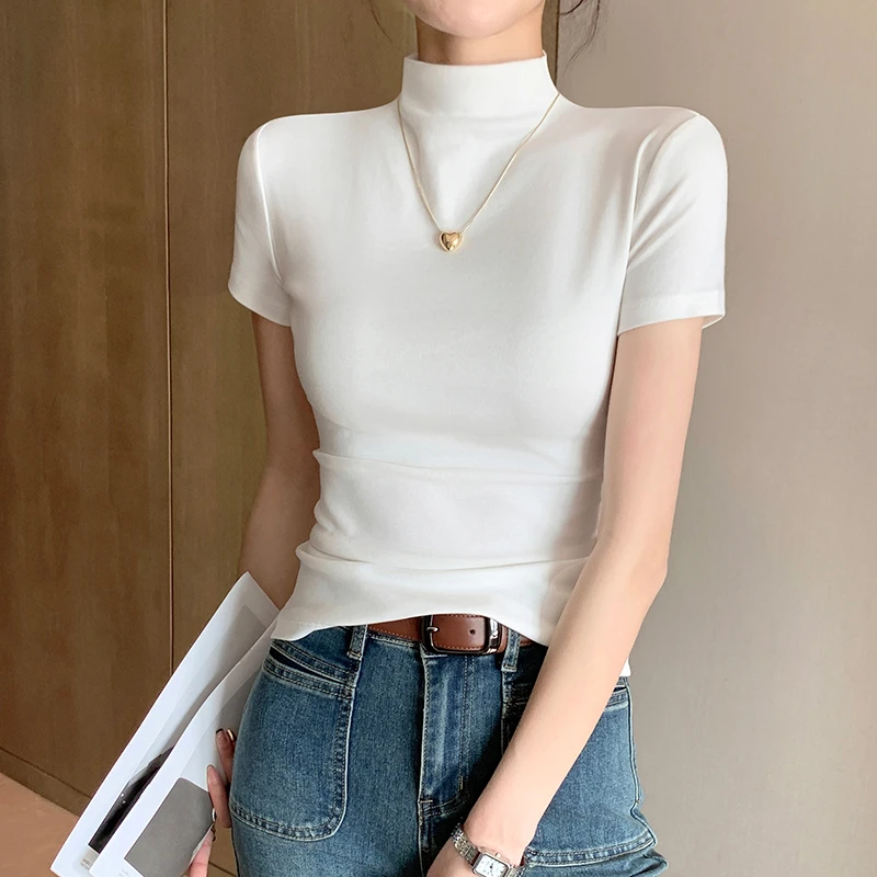 白色短袖T恤女春夏2024年新款半高领气质修身半袖体恤打底衫显瘦