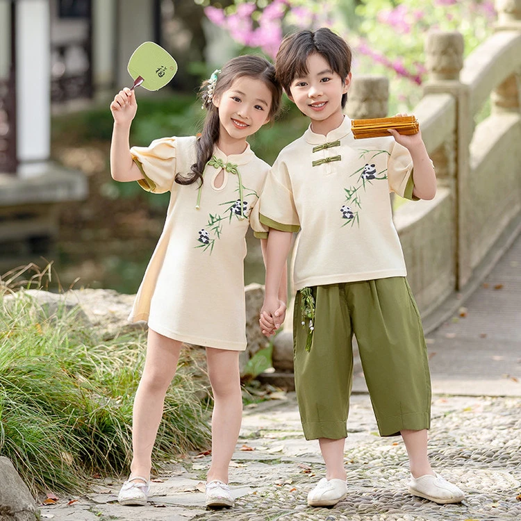 现货【竹戏熊猫】国风男童上衣百搭九分裤2025夏季新中式女童连衣裙