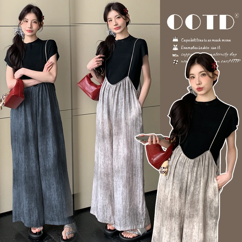 孕妇套装2025夏季孕妇时尚扎染阔腿背带裤＋冰丝打底上衣两件套