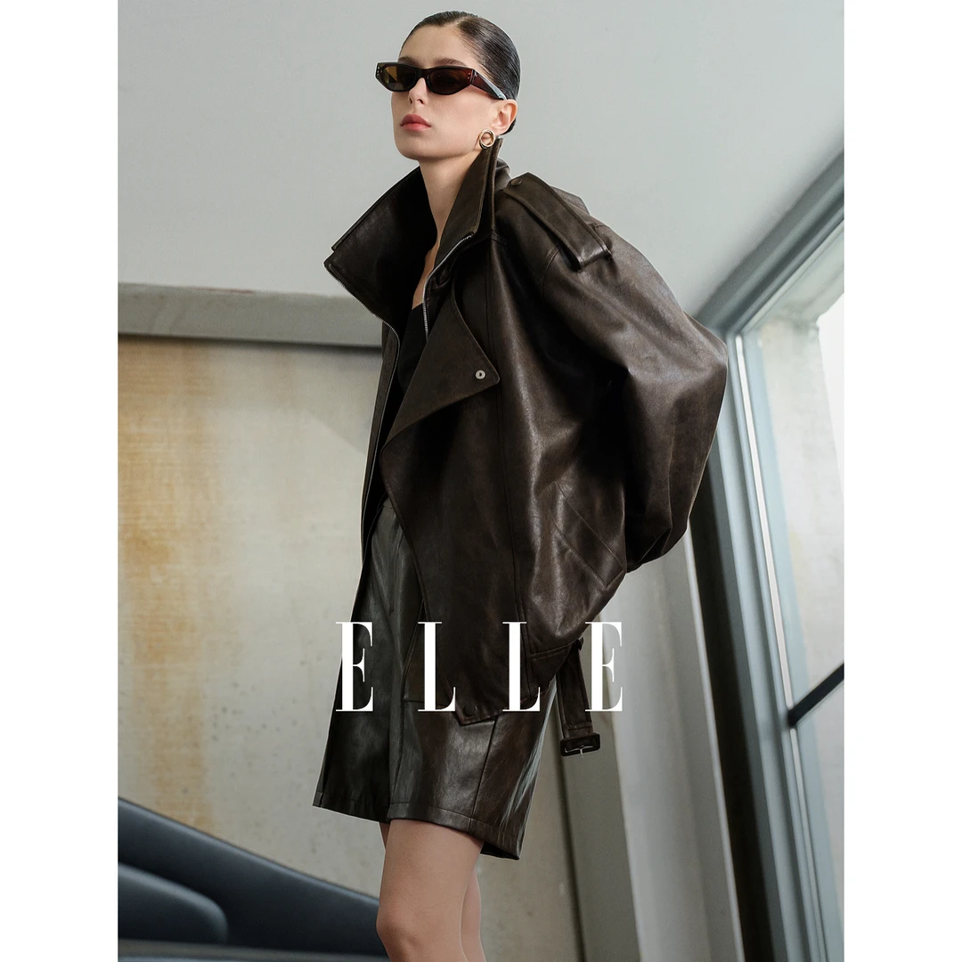 ELLE法式复古设计感防风皮衣女2025春新款宽松休闲高级感EF50563