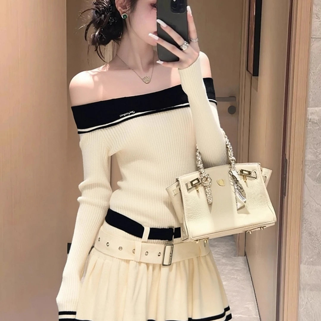 早秋小个子穿搭高端精致高级感重要场合绝美一字肩针织连衣裙