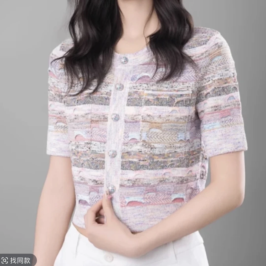 AMASS/阿玛施 新款时尚百搭设计款圆领印花短袖针织开衫 548020