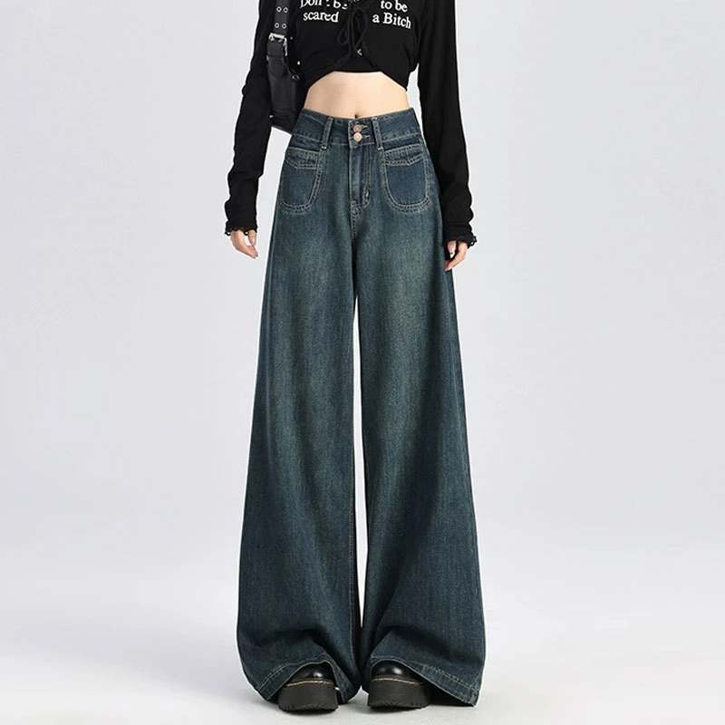 复古牛仔裤女新款双扣设计后皮标高腰百搭阔腿宽松直筒拖地长裤子