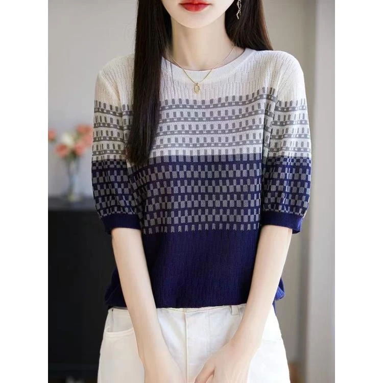 莱赛尔天丝~夏季女士薄款圆领条纹针织衫宽松显瘦气质百搭2115