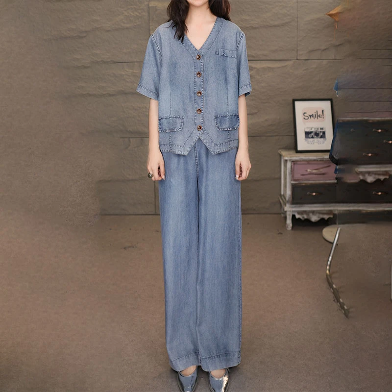 8823-6842蓝套装2025夏季新款莱赛尔短袖衬衫裤子百搭上衣长裤