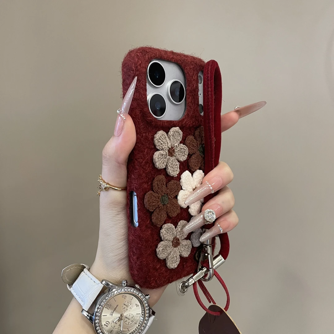 秋冬ins毛绒针织花朵适用iPhone17pro手机壳16pm复古iPhone15女14