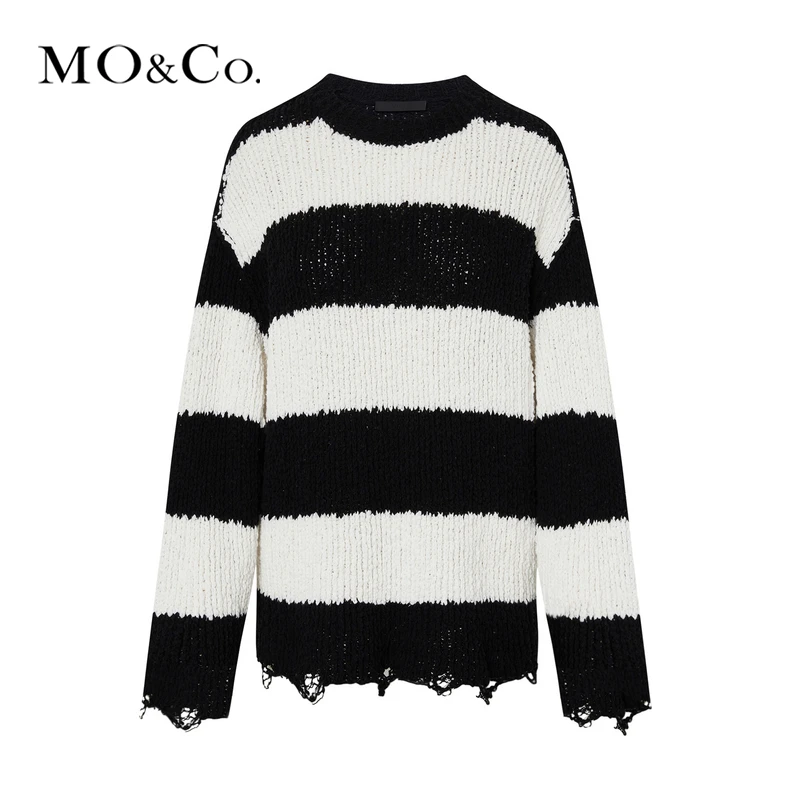MOCO新款粗粝带子纱肌理做旧漏针宽松条纹毛衣MBD1SWT020