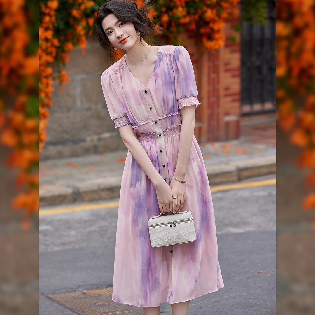 【商场同款新品】白鹿语设计感晕染长裙夏季V领修身连衣裙ZYU20095