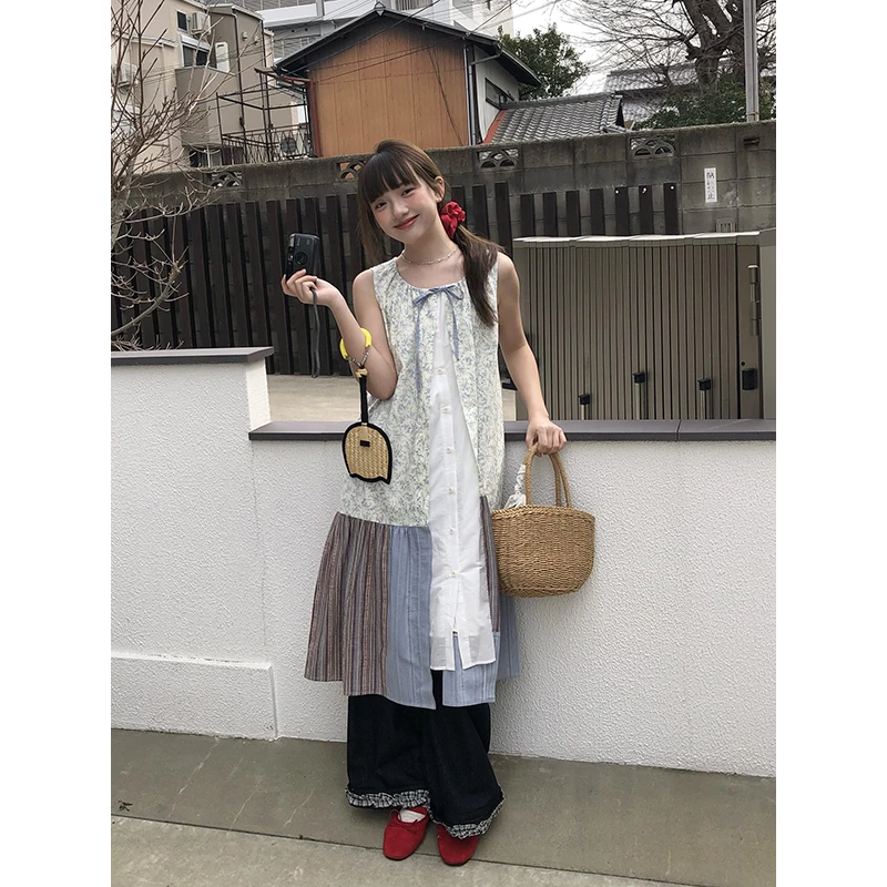 嘿山姥姥拼接古着感背心连衣裙子女夏季小个子宽松无袖显瘦中长裙