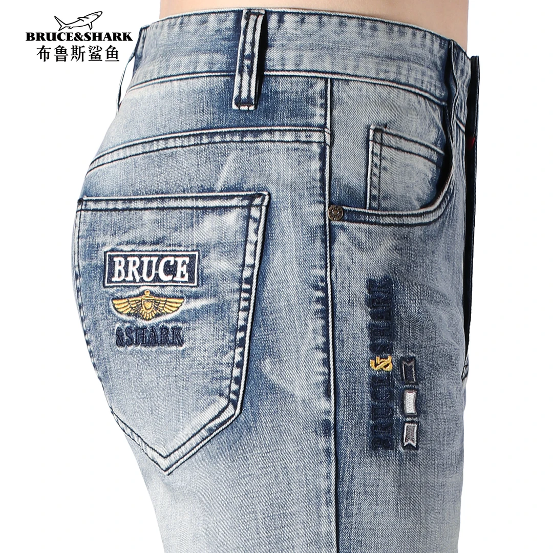 2023秋冬新款牛仔裤男士时尚直筒长裤布鲁斯鲨鱼潮牌刺绣男厚裤子