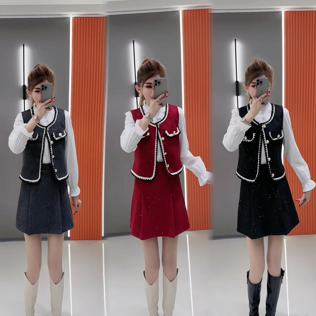 新年红色短裙套装 小香风气质时尚秋冬甜美减龄三件套 1233显瘦