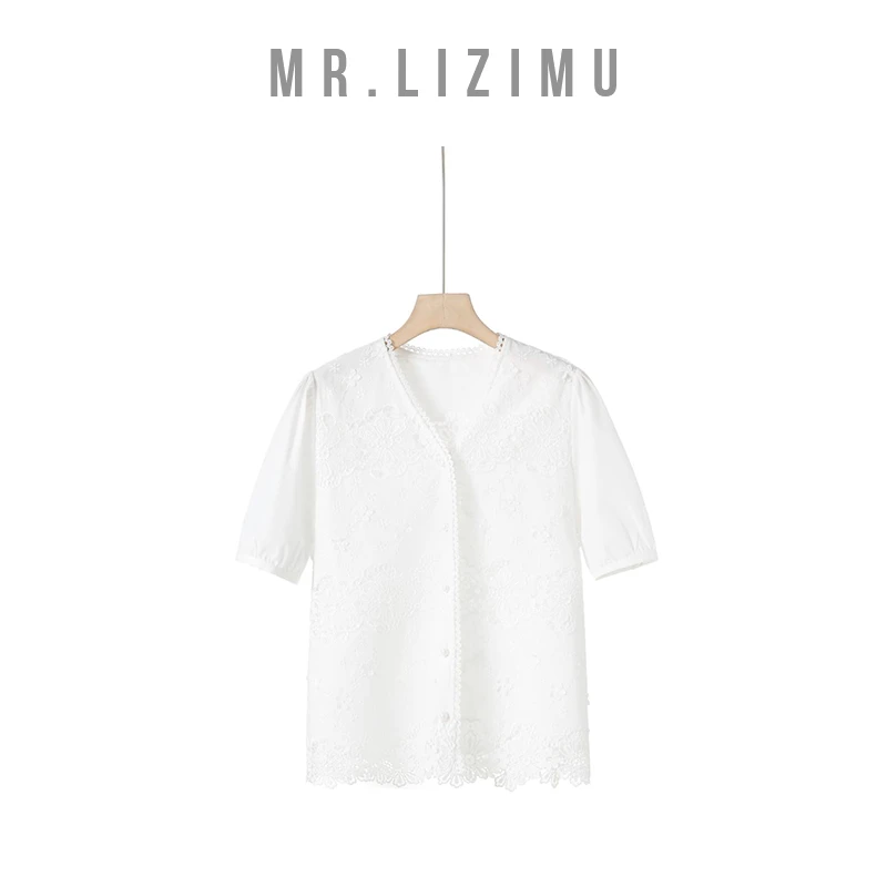 李子木先生V领刺绣短袖上衣女2025新款时尚款衬衫「春上新」D6013
