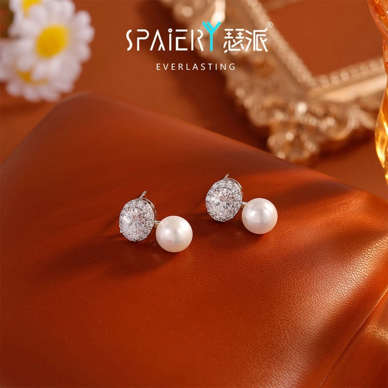 合金耳饰 【5159】珍珠耳钉扁圆馒头珠S925银针耳坠耳饰女新款正品