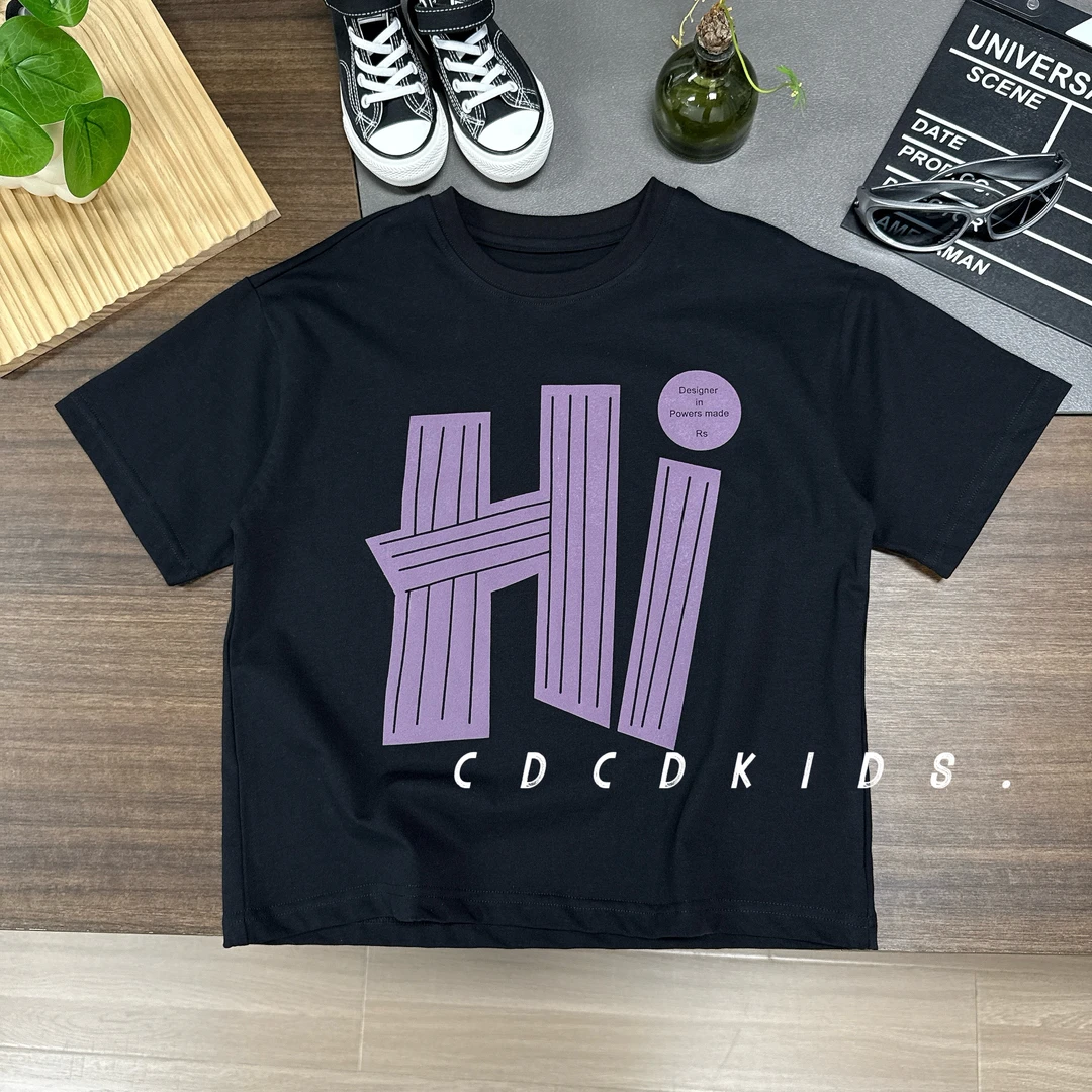 川度2515儿童夏季短袖T恤宽松植绒印花男女童半袖圆领上衣