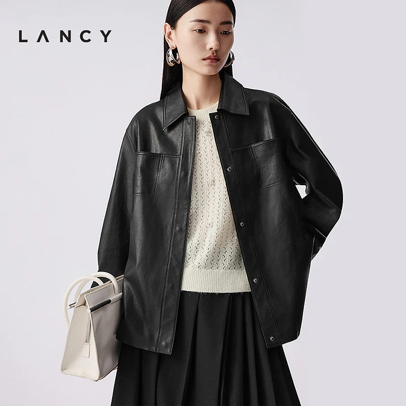 LANCY/朗姿【商场同款】2025秋冬新款短款时尚休闲百搭宽松翻领皮衣