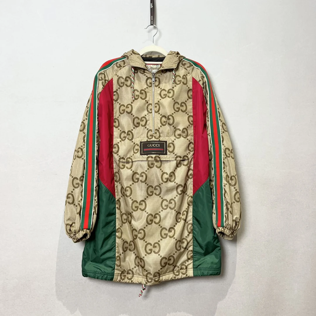 未使用 GUCCI/古驰 SS22 老花满印红绿拼接连帽中长款大衣36