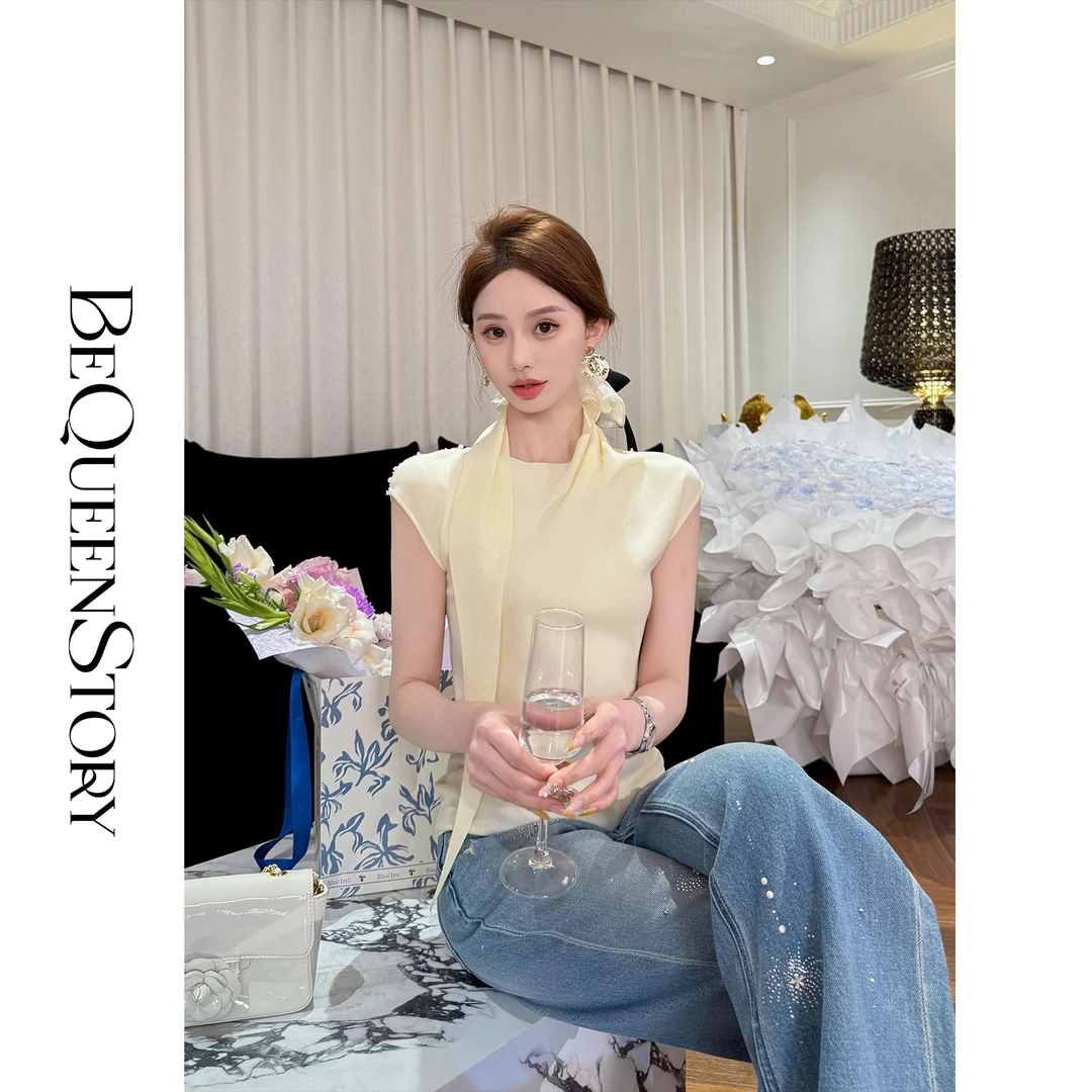 BeQueenStory【清雅美人】手工缝珠自带飘带立领小坎袖上衣2025新款