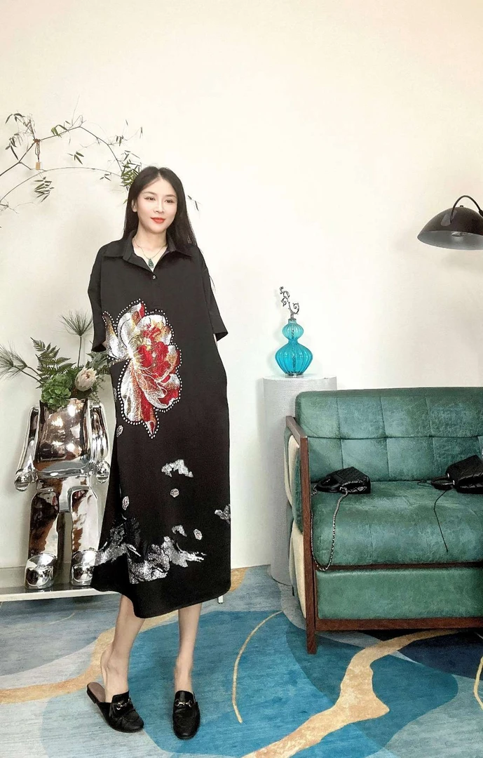 珑锦国风潮牌大码女装（沉鱼落雁）休闲时尚宽松长款胖MM醋酸连衣裙