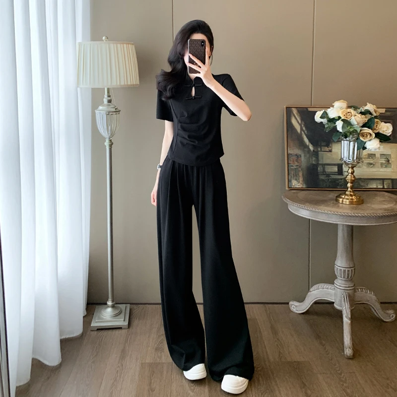 休闲运动服套装女2025夏季新款时尚修身减龄短袖上衣阔腿裤两件套