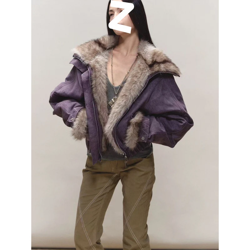 现货2025冬卡其色麂皮大毛领翻领绗线廓形工装夹克棉服派克服外套