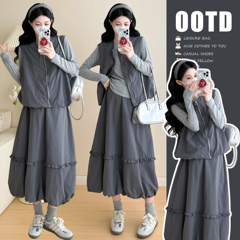 时髦孕妇装秋季新款宽松气质潮妈慵懒风花苞半身裙套装显瘦三件套