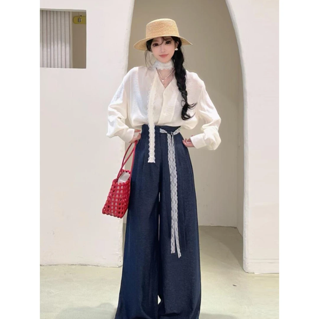 秋季穿搭一整套高级感白色V领衬衫阔腿裤超好看独特漂亮两件套装