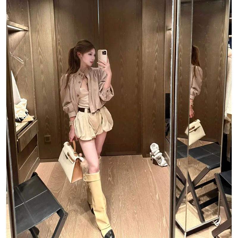 2025秋季新款御姐范气质女神夹克短外套女+内搭吊带背心+花苞短裤