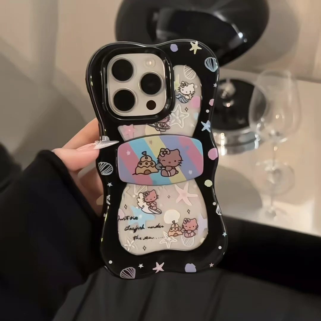 蝴蝶结支架彩虹黑皮猫咪适用于iPhone16promax苹果15pro手机壳14p