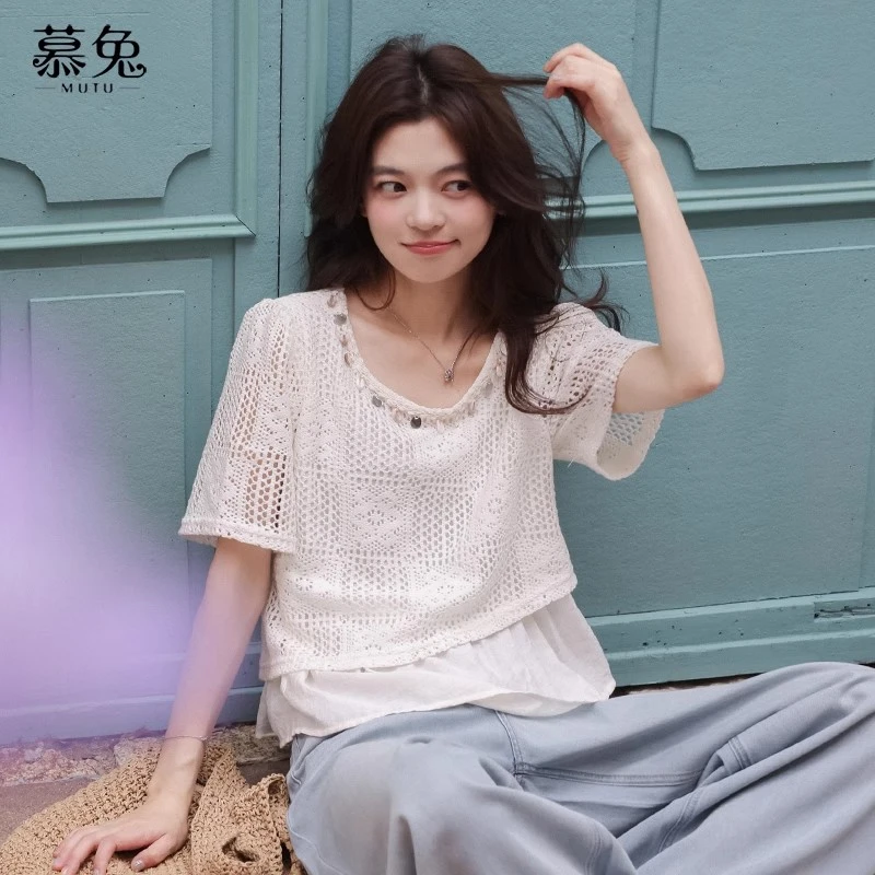 【小铃铛】26901法式温柔甜美针织不规则拼接上衣百搭设计感短袖