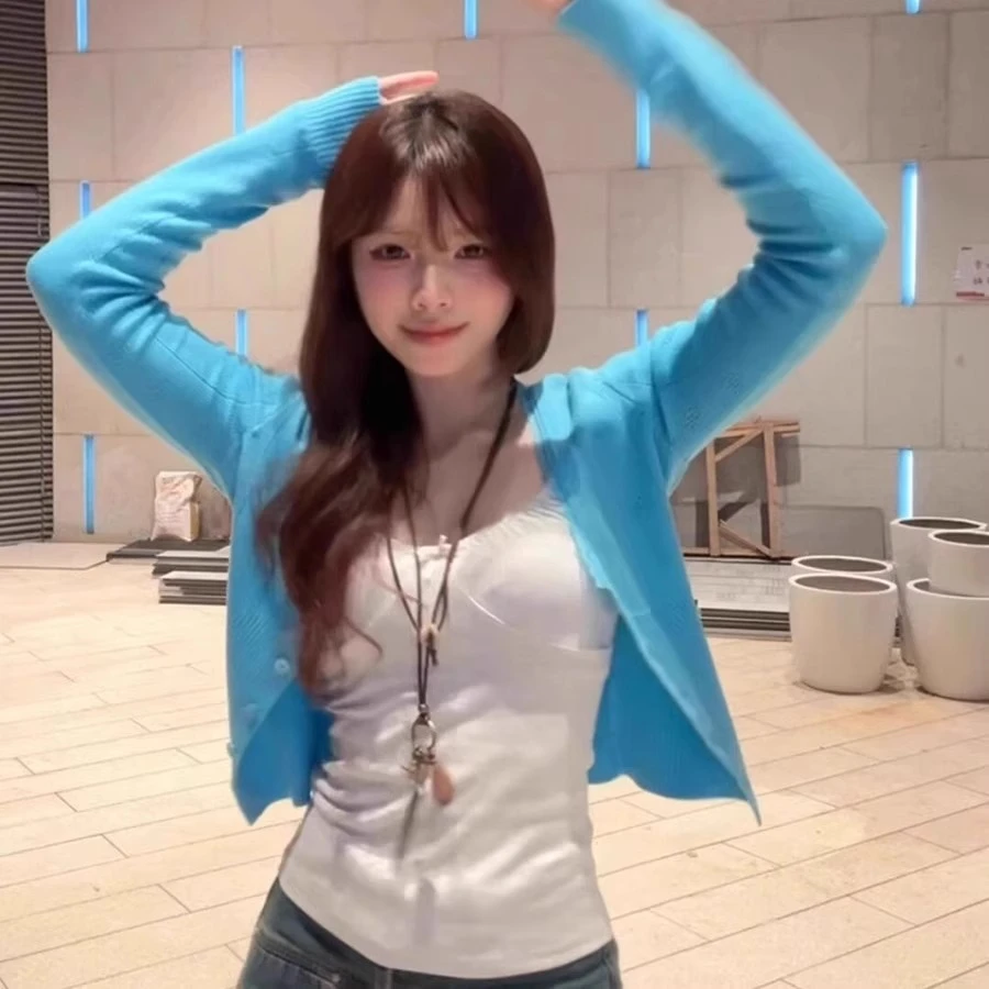 2025新款蓝色蕾丝边开衫针织衫女春秋设计感韩系短款百搭长袖上衣