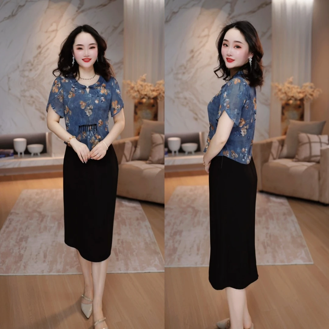 2025夏季时尚妈妈装减龄百搭显瘦收腰蓝色假两件短袖连衣裙M-5XL