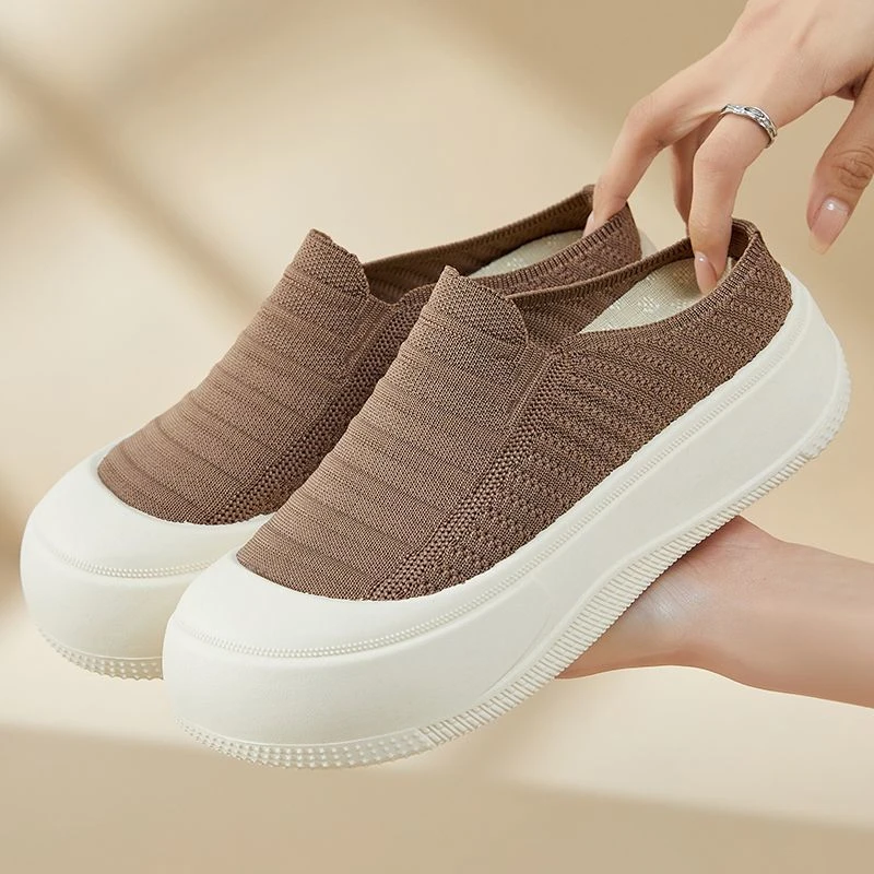 2025夏季厚底增高一脚蹬飞织透气女士半拖包头休闲鞋防滑软底拖鞋