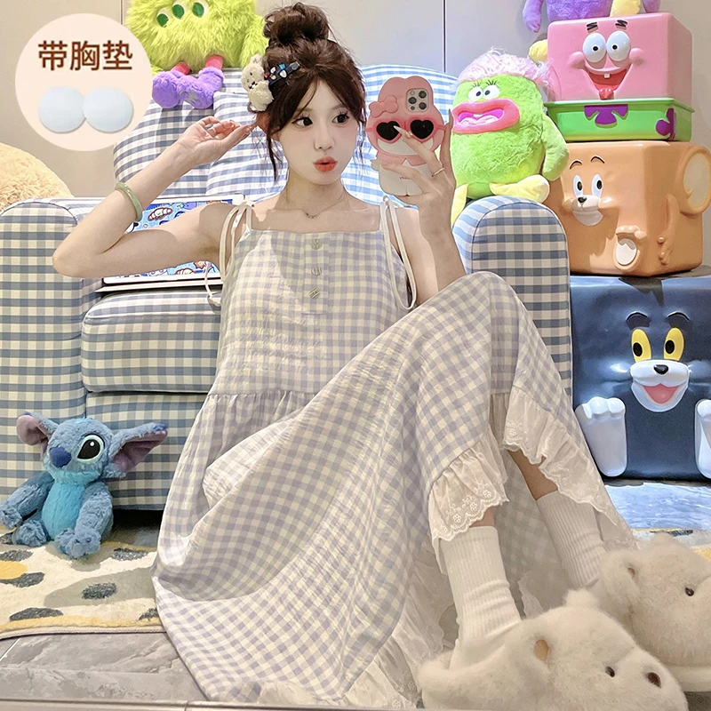 带胸垫睡衣女睡裙女士无袖夏季宽松套2025学生卡通甜美网红家居服