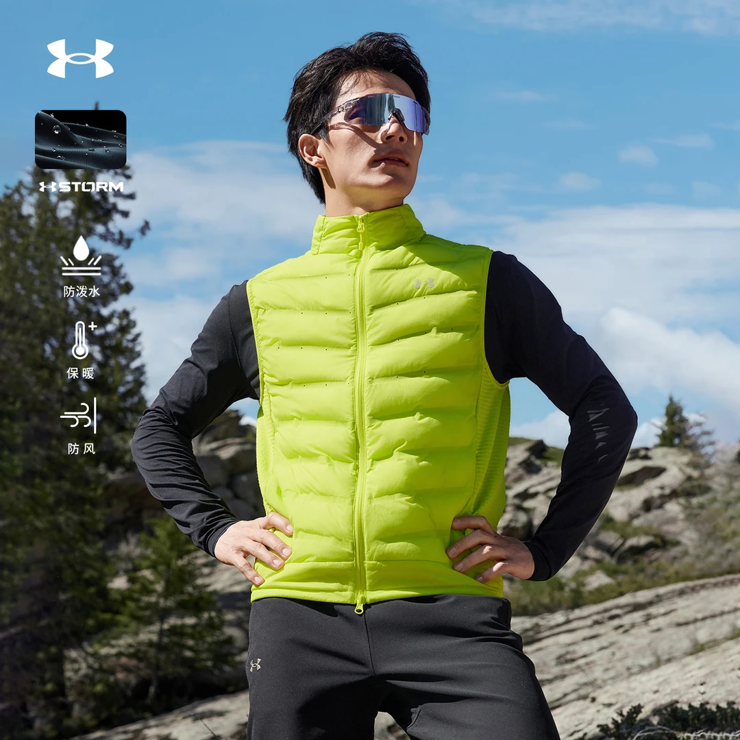 安德玛户外UA棉马甲男冬季保暖连帽防风防泼水短款轻量可收纳外套