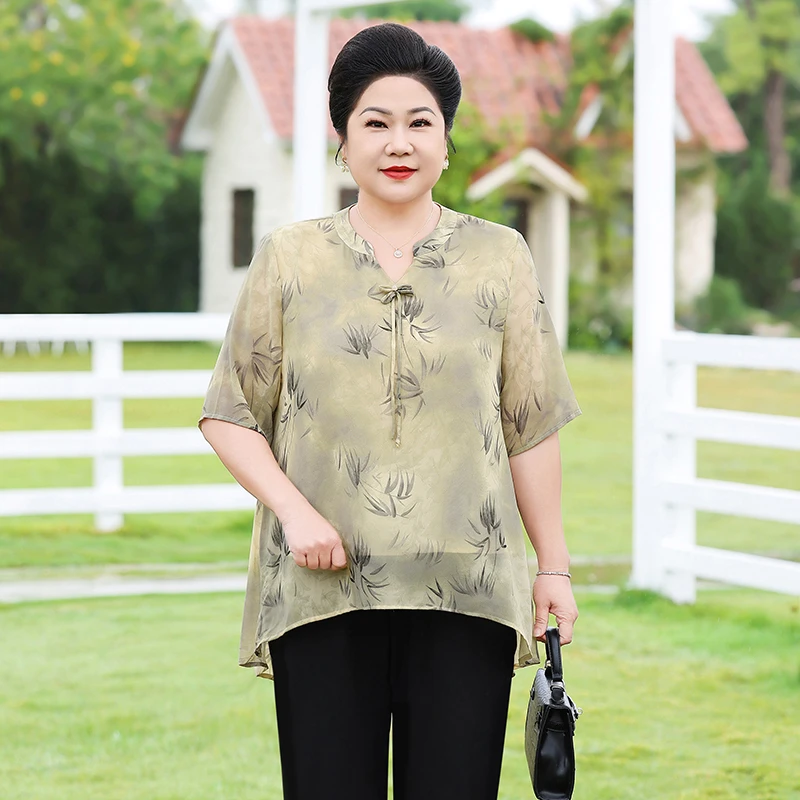 中老年女装夏季短袖洋气半袖上衣雪纺衫2025新款气质小衫WC25130
