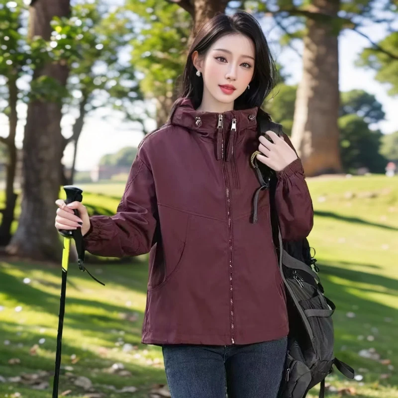 双拉链时尚外套女2025春秋新款韩版冲锋衣长袖百搭连帽宽松上衣服