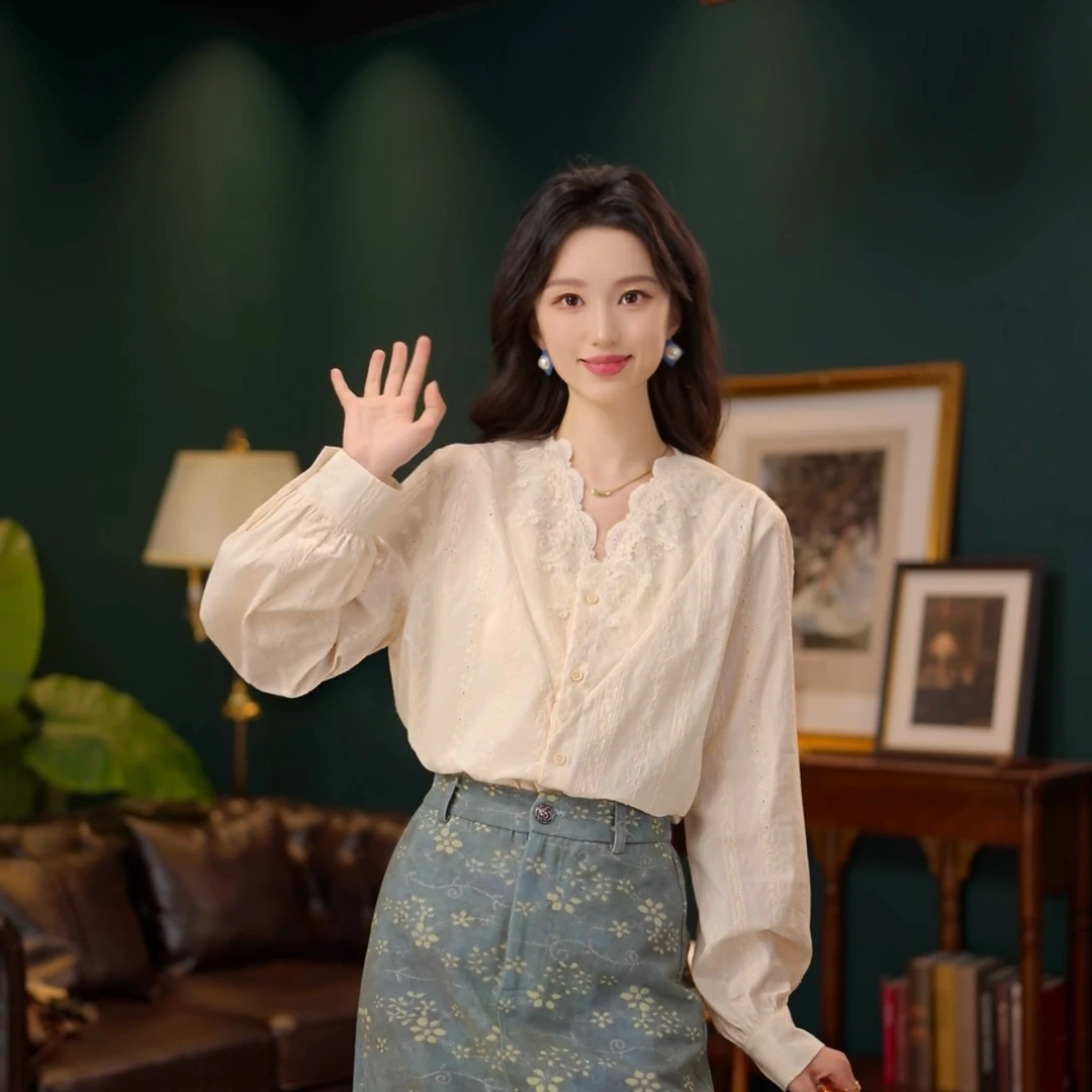 琦琦【清逸白桦】欧若风长袖衬衫女时尚休闲宽松内搭上衣YF1102359