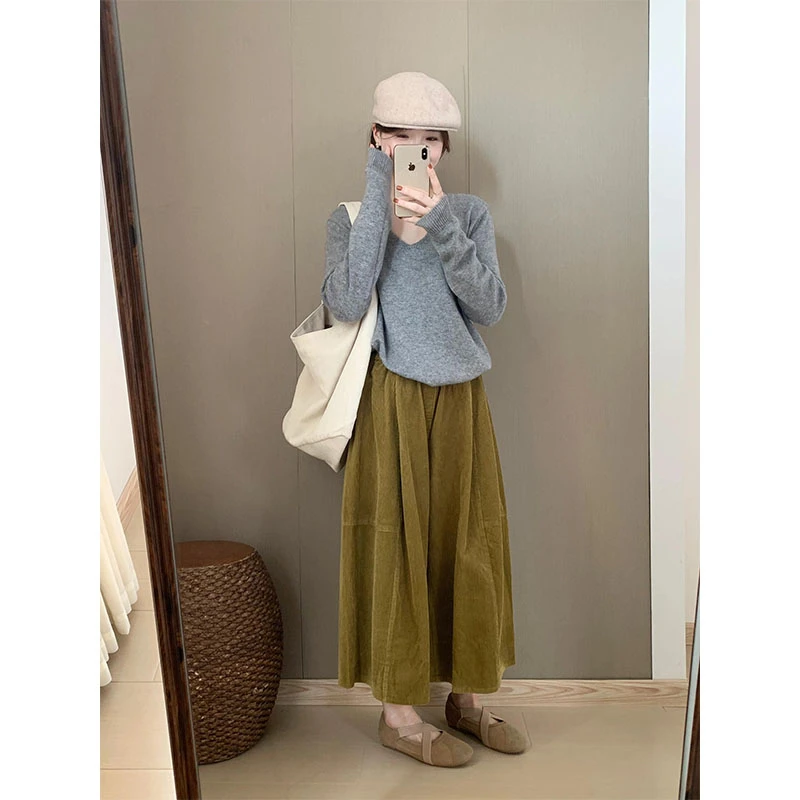 慵懒风氛围高级灰针织衫时尚毛衣女秋季新款宽松绿色休闲显瘦裤子