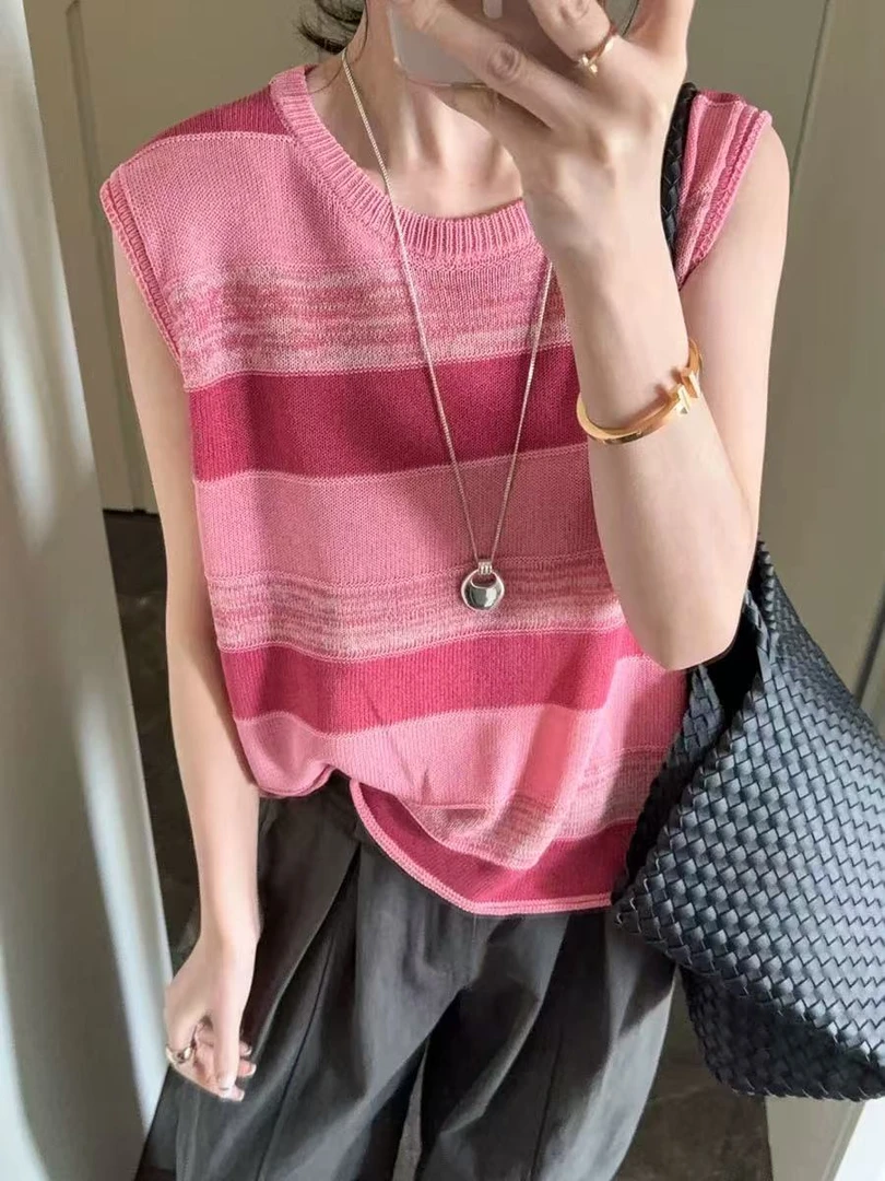 2025夏季短袖条纹韩版夏季薄款针织衫糖果色圆领针织时尚背心女薄