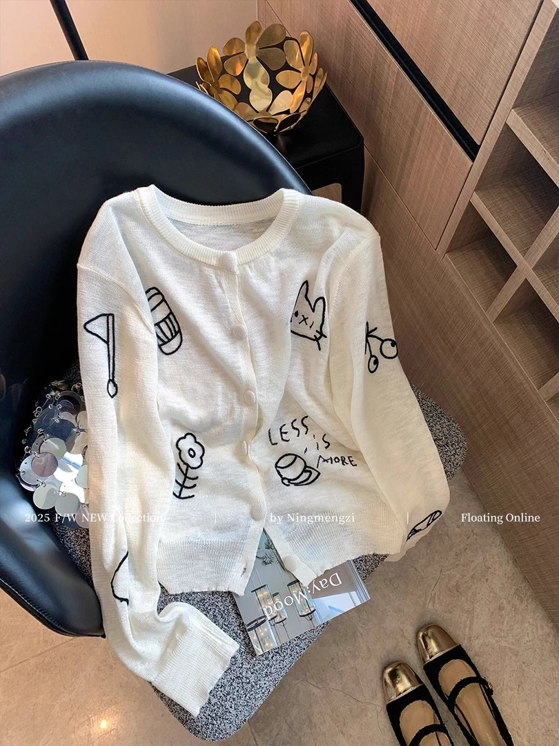 设计感白色卡通刺绣长袖针织衫女装秋季开衫减龄百搭显瘦薄款上衣